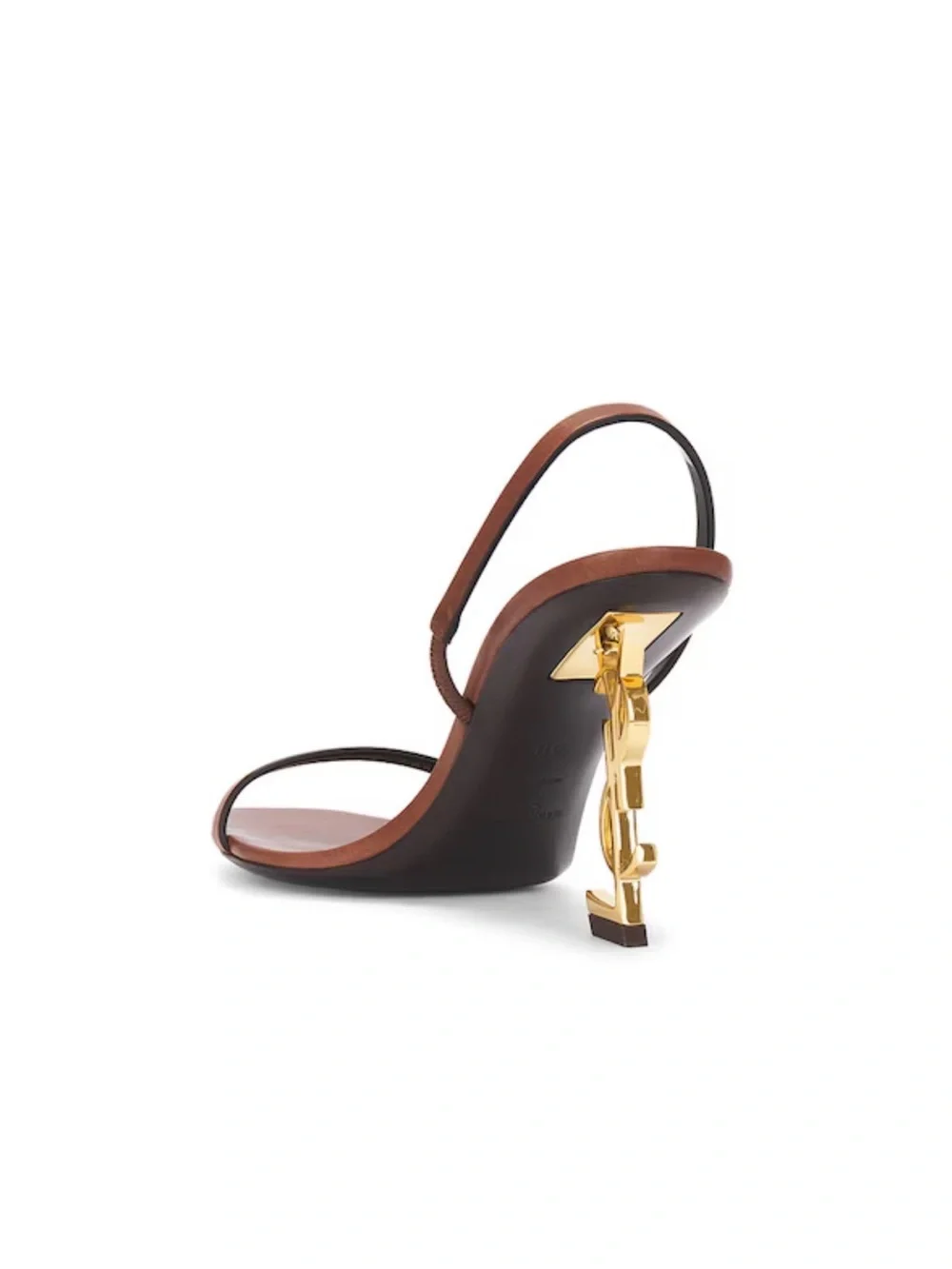Saint Laurent Brown Leather Logo-Heel Slingback Sandals with Gold YSL Heel - Picture 2 of 3